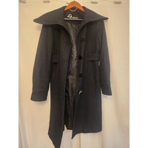 Y2K Guess Coat Womens Medium Black Wool Blend Belted Button Long Collar